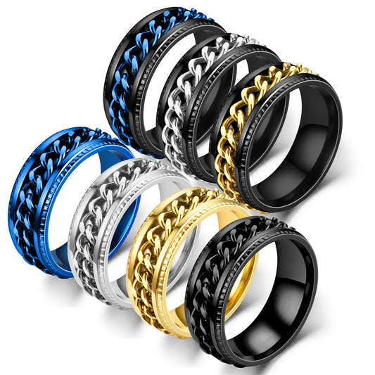 Luxury Stainless Steel Spinner Ring with Cuban Chain Design