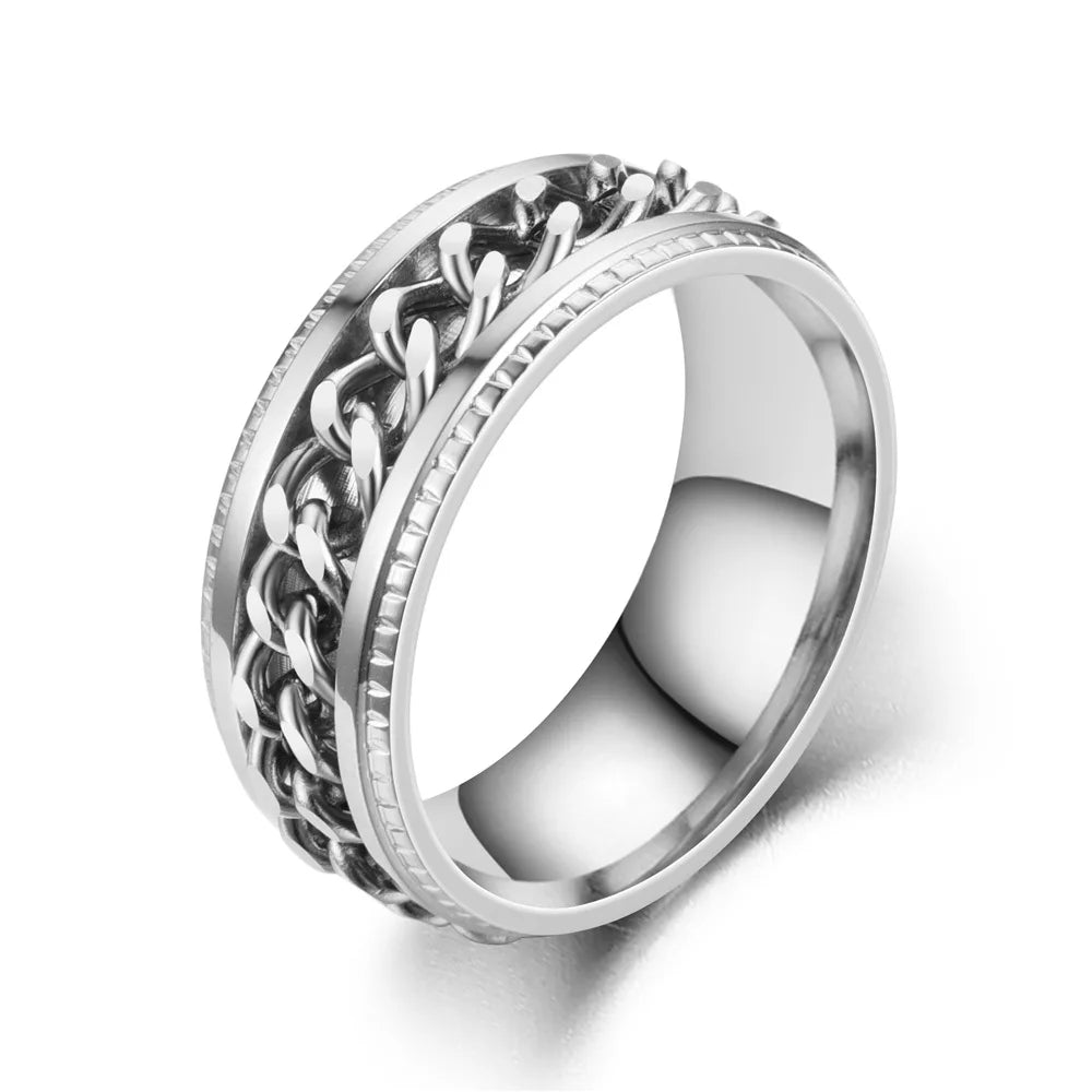 Luxury Stainless Steel Spinner Ring with Cuban Chain Design